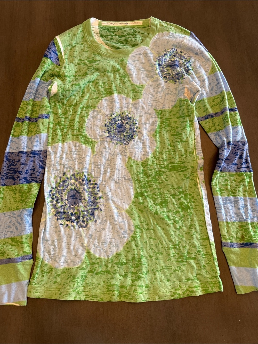 Long-Sleeve Floral Crewneck Top - Green/White